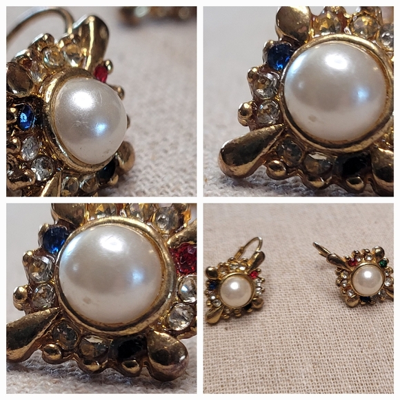 Vintage Faux Pearl & Rhinestone Earrings - Picture 9 of 16